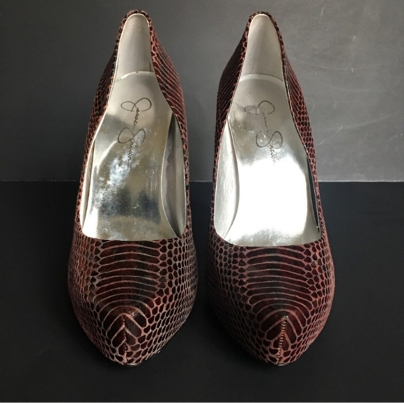 Jessica Simpson Heels Snakeskin Platform Stilettos Burgundy Leather 7.5B 5" - Picture 3 of 9